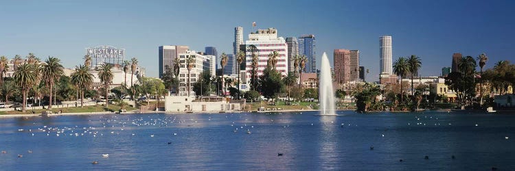 Fountain in front of buildings, Macarthur Park, Westlake, City of Los Angeles, California, USA 2010