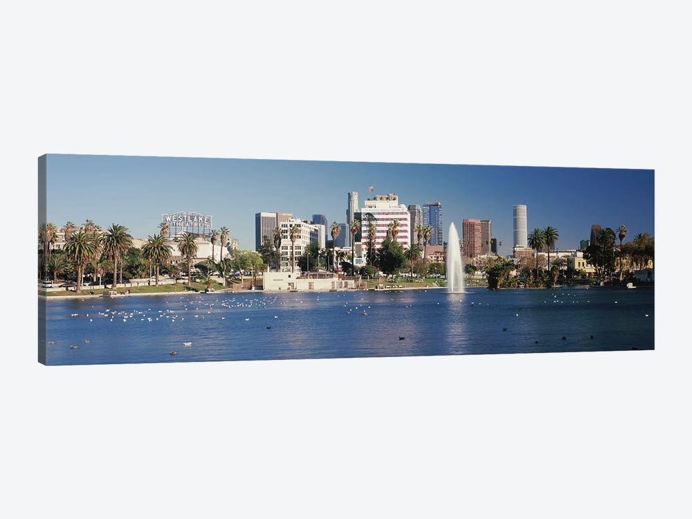 Fountain in front of buildings, Macarthur Park, Westlake, City of Los Angeles, California, USA 2010 by Panoramic Images 1-piece Canvas Print