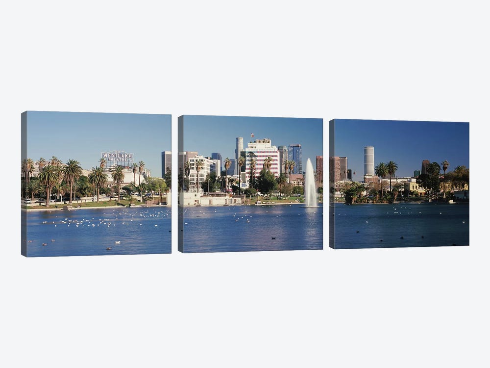 Fountain in front of buildings, Macarthur Park, Westlake, City of Los Angeles, California, USA 2010 by Panoramic Images 3-piece Art Print