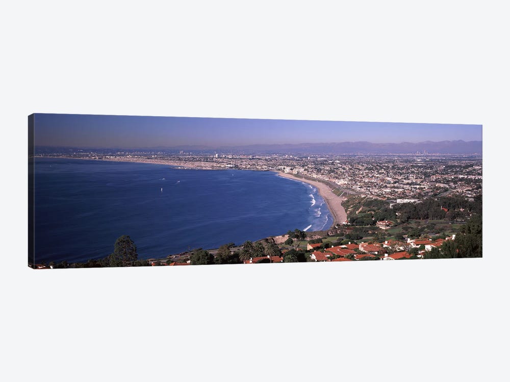 Aerial view of a city at coast, Santa Monica Beach, Beverly Hills, Los Angeles County, California, USA by Panoramic Images 1-piece Canvas Artwork