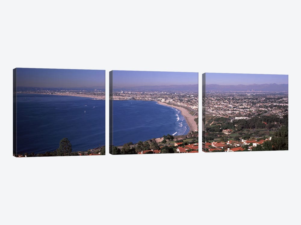 Aerial view of a city at coast, Santa Monica Beach, Beverly Hills, Los Angeles County, California, USA by Panoramic Images 3-piece Canvas Art