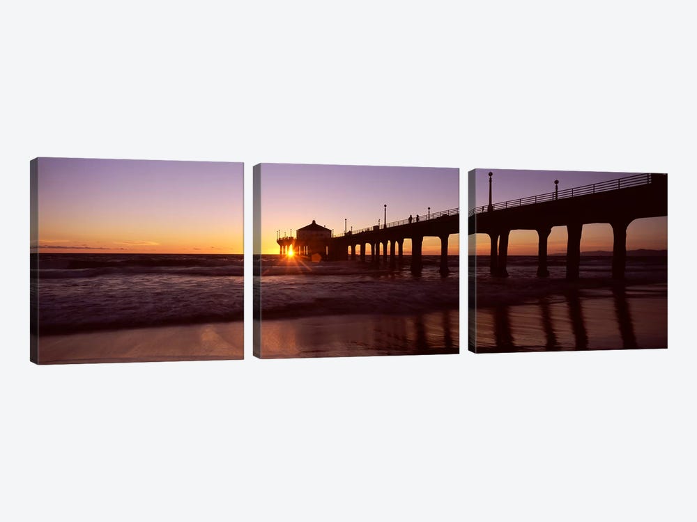 Silhouette of a pier, Manhattan Beach Pier, Manhattan Beach, Los Angeles County, California, USA #3 by Panoramic Images 3-piece Canvas Wall Art