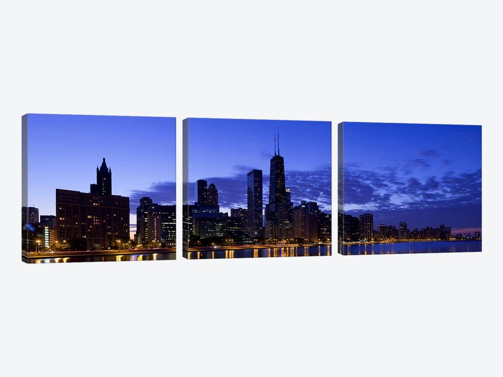 Lit up buildings at the waterfront, Lake Michigan, Chicago, Cook County, Illinois, USA 2010 by Panoramic Images 3-piece Canvas Art Print