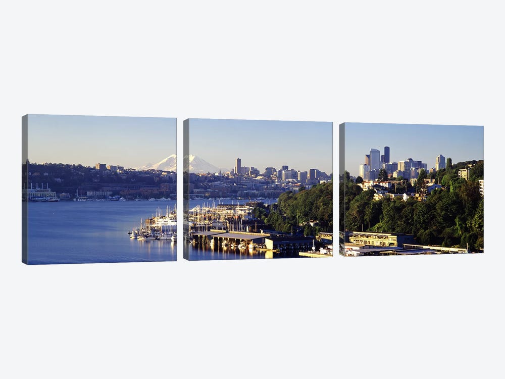 Buildings at the waterfront, Lake Union, Seattle, Washington State, USA 2010 by Panoramic Images 3-piece Canvas Wall Art