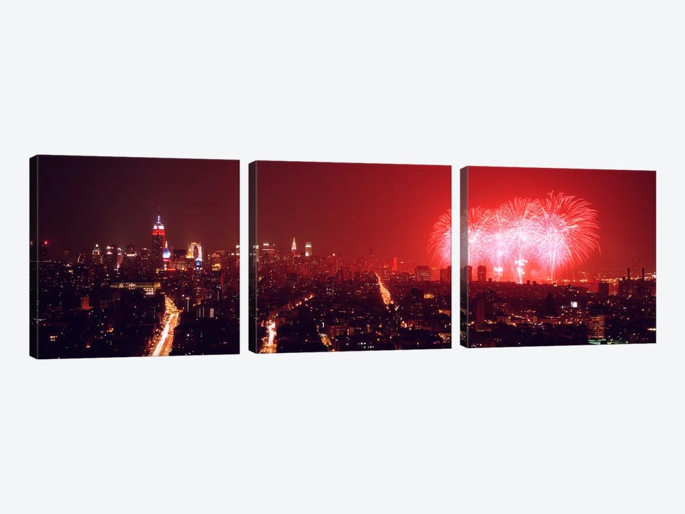 Fireworks display at night over a city, New York City, New York State, USA by Panoramic Images 3-piece Art Print