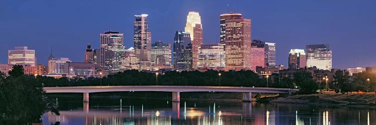 Buildings lit up at night in a city, Minneapolis, Mississippi River, Hennepin County, Minnesota, USA by Panoramic Images wall art