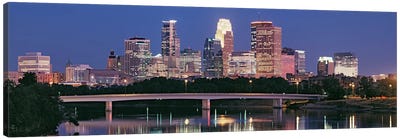 Buildings lit up at night in a city, Minneapolis, Mississippi River, Hennepin County, Minnesota, USA Canvas Art Print - Minnesota