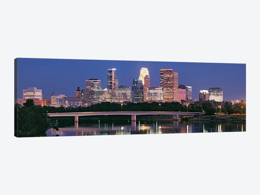 Buildings lit up at night in a city, Minneapolis, Mississippi River, Hennepin County, Minnesota, USA by Panoramic Images 1-piece Canvas Print
