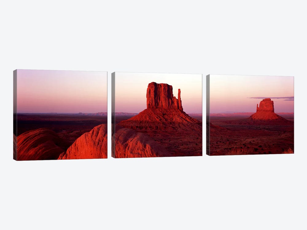 Red Dusk Over The Mittens (East and West Mitten), Monument Valley, Navajo Nation by Panoramic Images 3-piece Canvas Art Print
