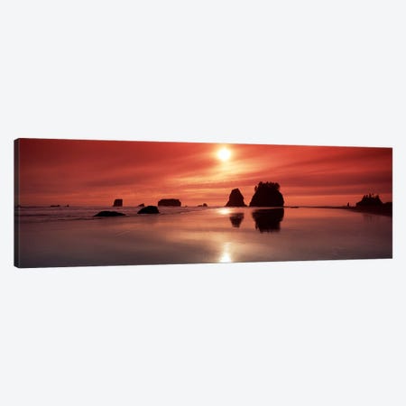 Silhouette of sea stacks at sunsetSecond Beach, Olympic National Park, Washington State, USA Canvas Print #PIM9041} by Panoramic Images Canvas Art