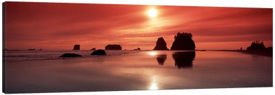 Silhouette of sea stacks at sunsetSecond Beach, Olympic National Park, Washington State, USA Canvas Art Print - Olympic National Park Art