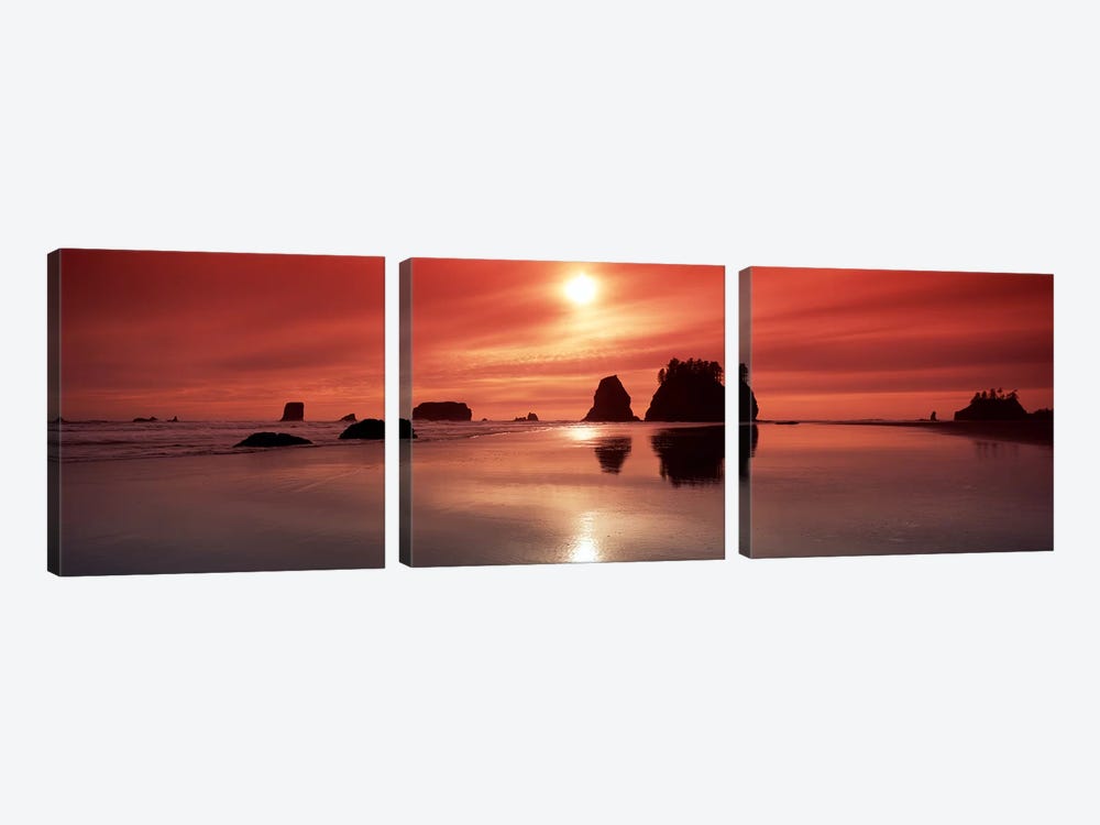 Silhouette of sea stacks at sunsetSecond Beach, Olympic National Park, Washington State, USA by Panoramic Images 3-piece Canvas Art