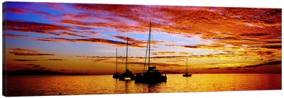 Silhouette of sailboats in the ocean at sunset, Tahiti, Society Islands, French Polynesia Canvas Art Print - French Polynesia Art