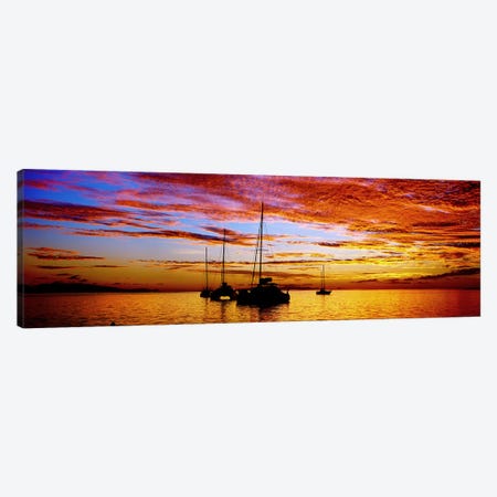 Silhouette of sailboats in the ocean at sunset, Tahiti, Society Islands, French Polynesia Canvas Print #PIM9062} by Panoramic Images Canvas Art