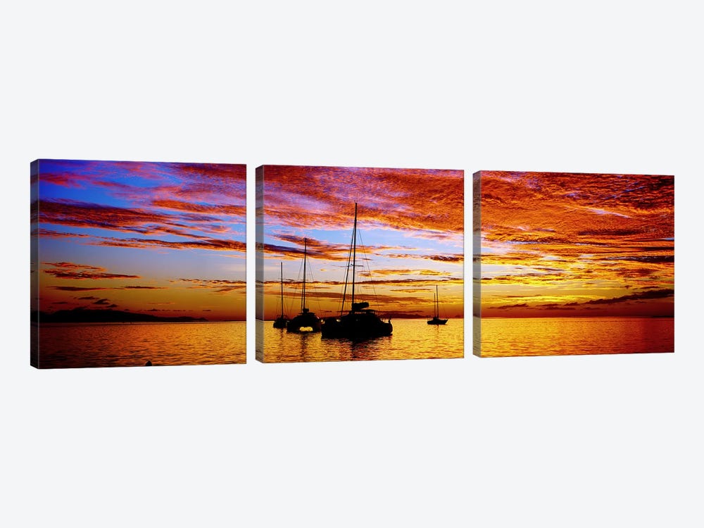 Silhouette of sailboats in the ocean at sunset, Tahiti, Society Islands, French Polynesia by Panoramic Images 3-piece Canvas Art Print