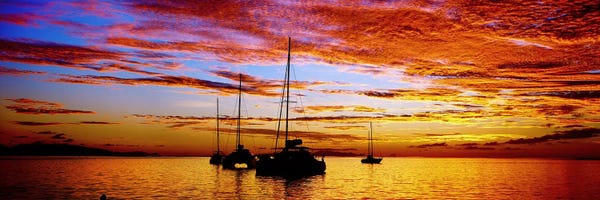 French Polynesia: Silhouette of sailboats in the ocean at sunset, Tahiti, Society Islands, French Polynesia by Panoramic Images