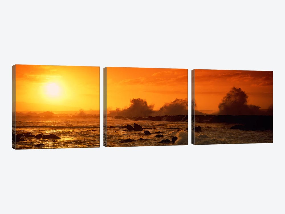 Waves breaking on rocks in the oceanThree Tables, North Shore, Oahu, Hawaii, USA by Panoramic Images 3-piece Canvas Art