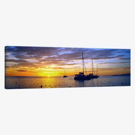 Cloudy Ocean Sunset With Anchored Sailboats, Tahiti, Windward Islands, Society Islands, French Polynesia Canvas Print #PIM9079} by Panoramic Images Art Print