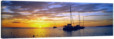 Cloudy Ocean Sunset With Anchored Sailboats, Tahiti, Windward Islands, Society Islands, French Polynesia Canvas Art Print