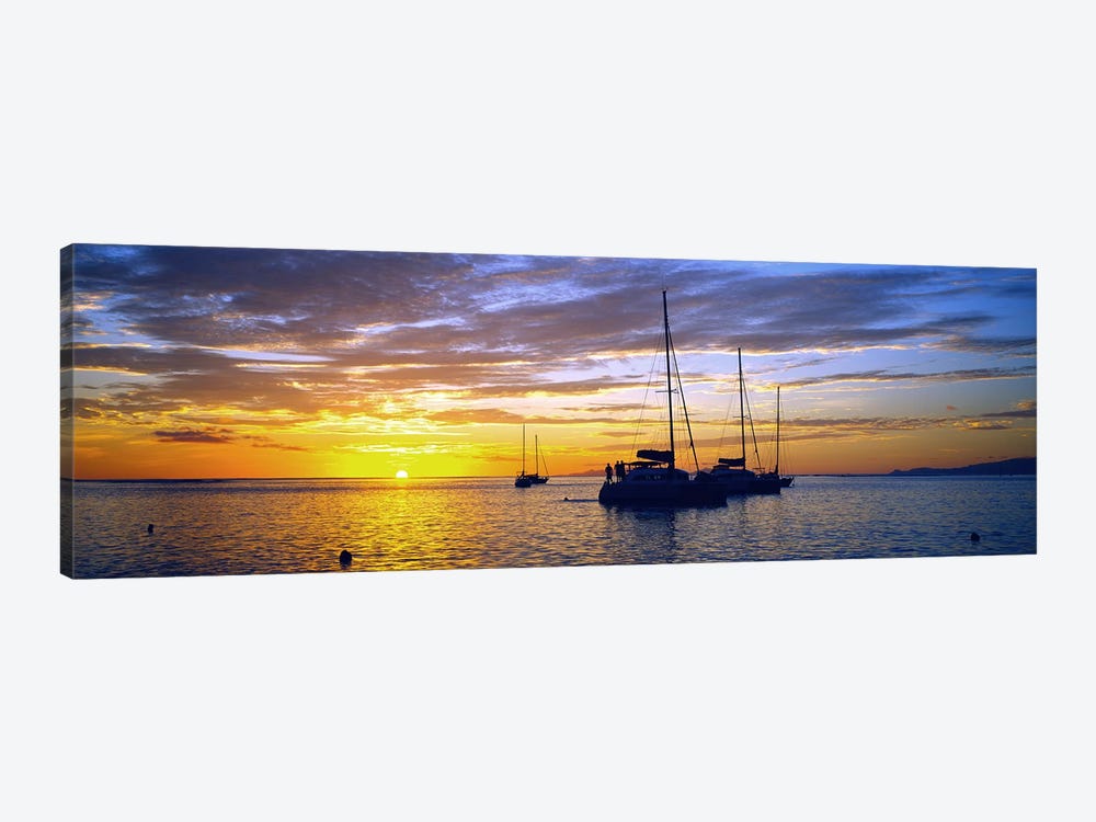 Cloudy Ocean Sunset With Anchored Sailboats, Tahiti, Windward Islands, Society Islands, French Polynesia by Panoramic Images 1-piece Art Print