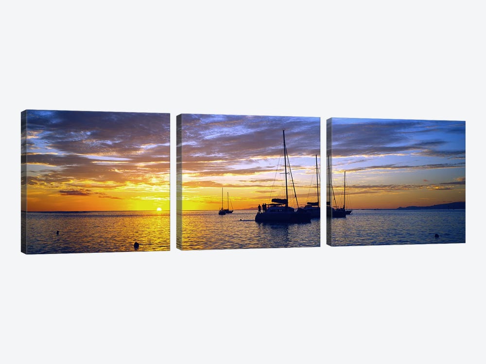 Cloudy Ocean Sunset With Anchored Sailboats, Tahiti, Windward Islands, Society Islands, French Polynesia by Panoramic Images 3-piece Art Print
