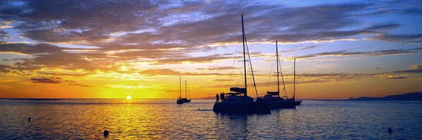 Photography: Cloudy Ocean Sunset With Anchored Sailboats, Tahiti, Windward Islands, Society Islands, French Polynesia by Panoramic Images