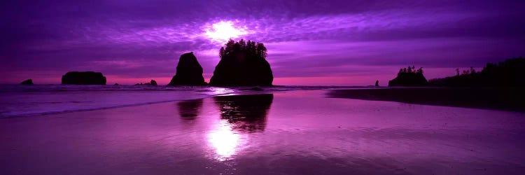 Silhouette of sea stacks at sunset, Second Beach, Olympic National Park, Washington State, USA