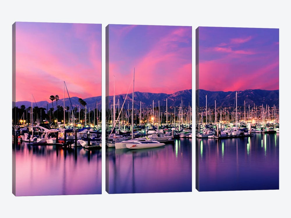 Stunning Magenta Sunset Over Santa Barbara Harbor, Santa Barbara County, California, USA by Panoramic Images 3-piece Canvas Art