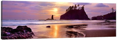 Silhouette of sea stacks at sunset, Second Beach, Olympic National Park, Washington State, USA #2 Canvas Art Print - Olympic National Park Art