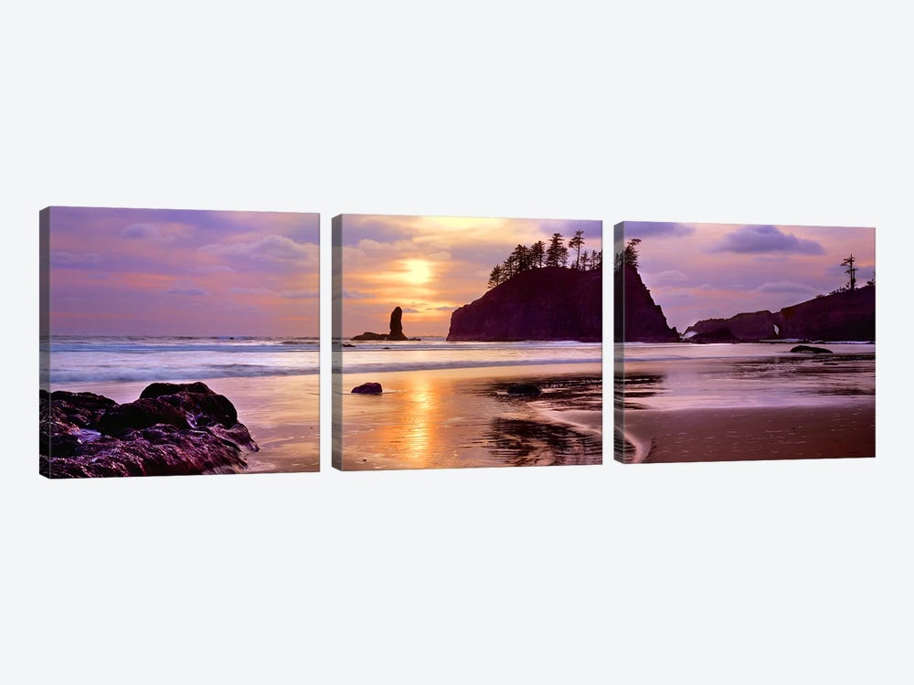 Silhouette of sea stacks at sunset, Second Beach, Olympic National Park, Washington State, USA #2 by Panoramic Images 3-piece Canvas Art