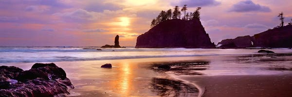 Washington: Silhouette of sea stacks at sunset, Second Beach, Olympic National Park, Washington State, USA #2 by Panoramic Images