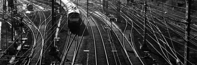 High angle view of a train on railroad track in a shunting yard, Germany