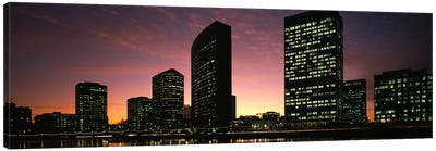 Buildings at the waterfront, Oakland, Alameda County, California, USA Canvas Art Print - Night Sky Art