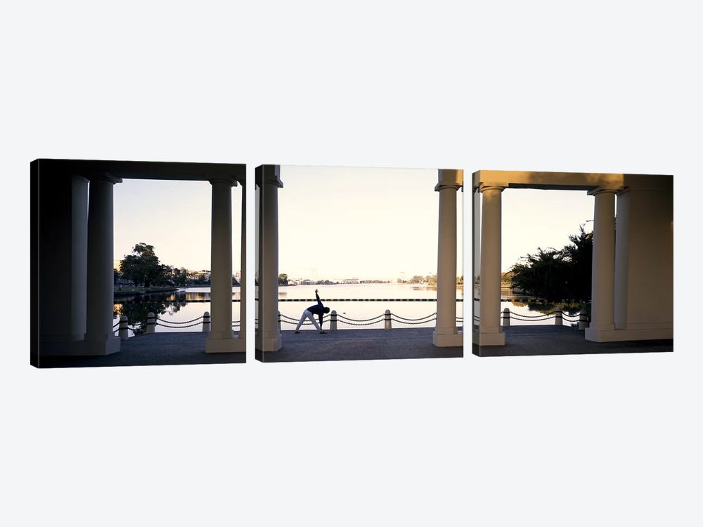 Person stretching near colonnade, Lake Merritt, Oakland, Alameda County, California, USA by Panoramic Images 3-piece Canvas Artwork