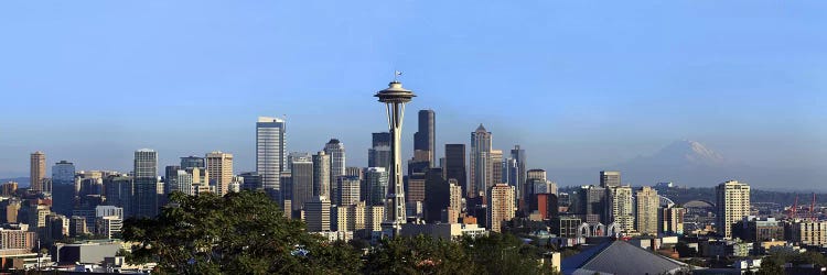 Buildings in a city with mountains in the background, Space Needle, Mt Rainier, Seattle, King County, Washington State, USA 2010