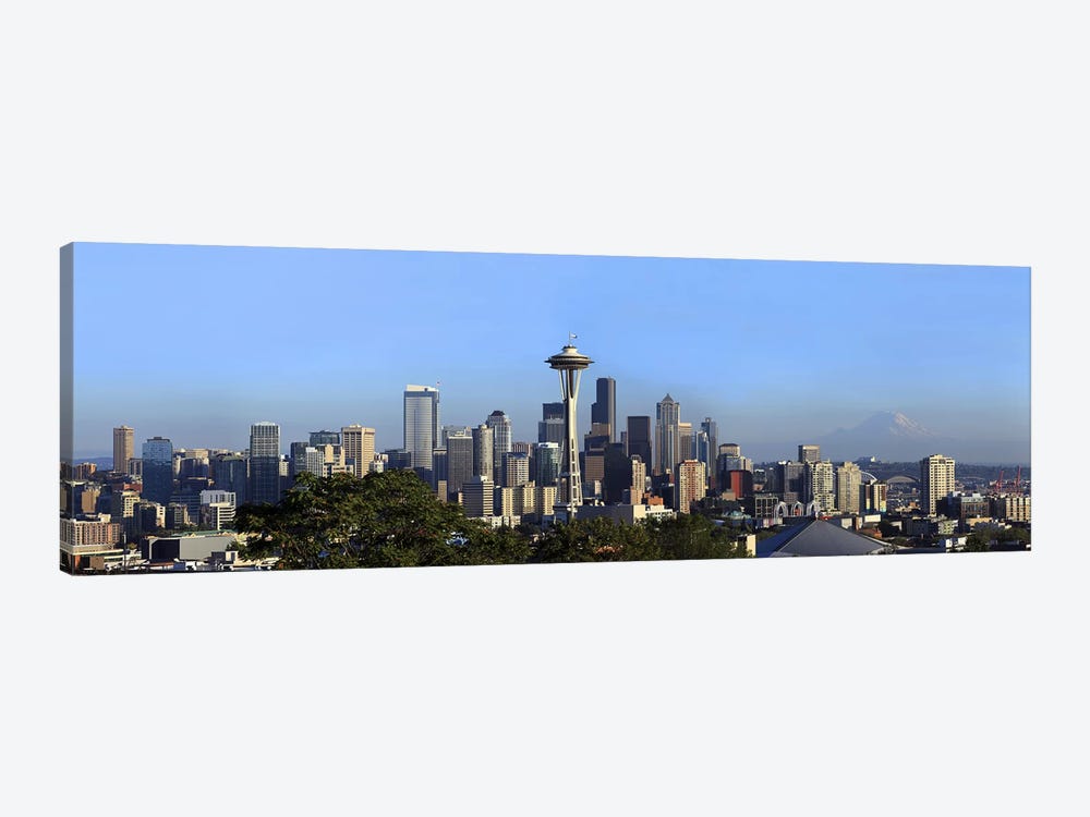 Buildings in a city with mountains in the background, Space Needle, Mt Rainier, Seattle, King County, Washington State, USA 2010 by Panoramic Images 1-piece Canvas Print