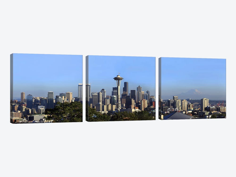 Buildings in a city with mountains in the background, Space Needle, Mt Rainier, Seattle, King County, Washington State, USA 2010 by Panoramic Images 3-piece Canvas Art Print