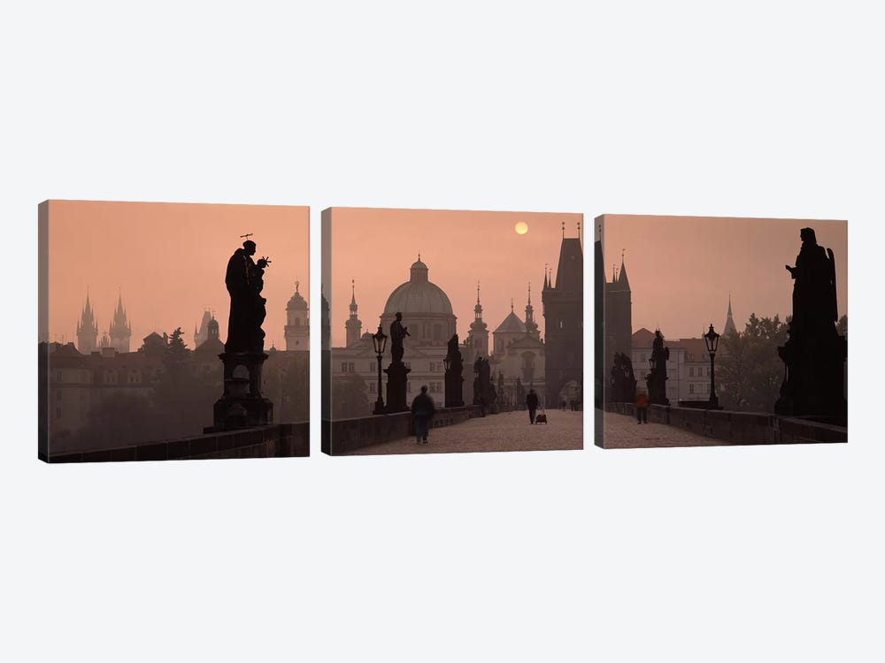 Charles Bridge at dusk with the Church of St. Francis in the backgroundOld Town Bridge Tower, Prague, Czech Republic by Panoramic Images 3-piece Canvas Wall Art