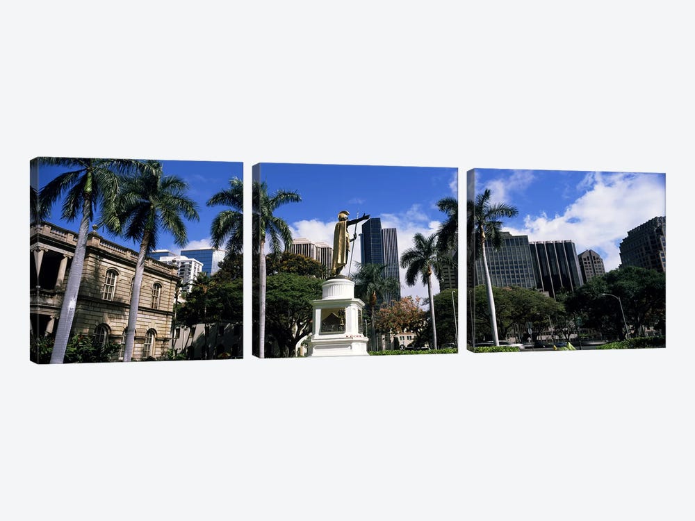 Statue of King Kamehameha in front of a government building, Aliiolani Hale, Honolulu, Oahu, Honolulu County, Hawaii, USA #3 by Panoramic Images 3-piece Canvas Artwork