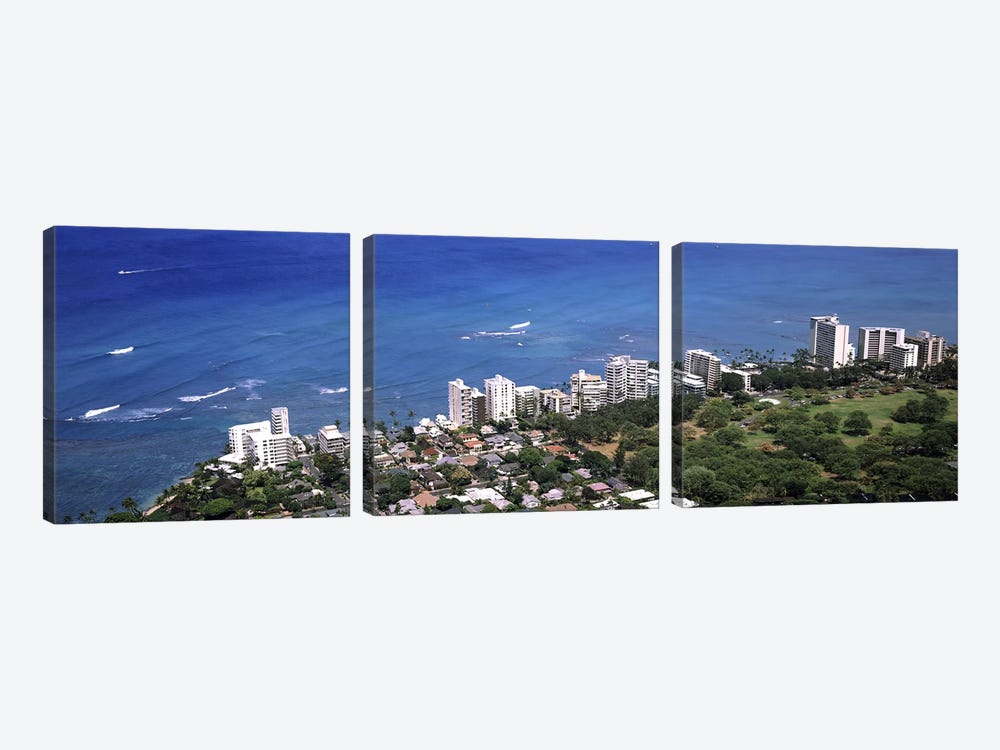 Aerial view of a city at waterfront, Honolulu, Oahu, Honolulu County, Hawaii, USA 2010 by Panoramic Images 3-piece Art Print