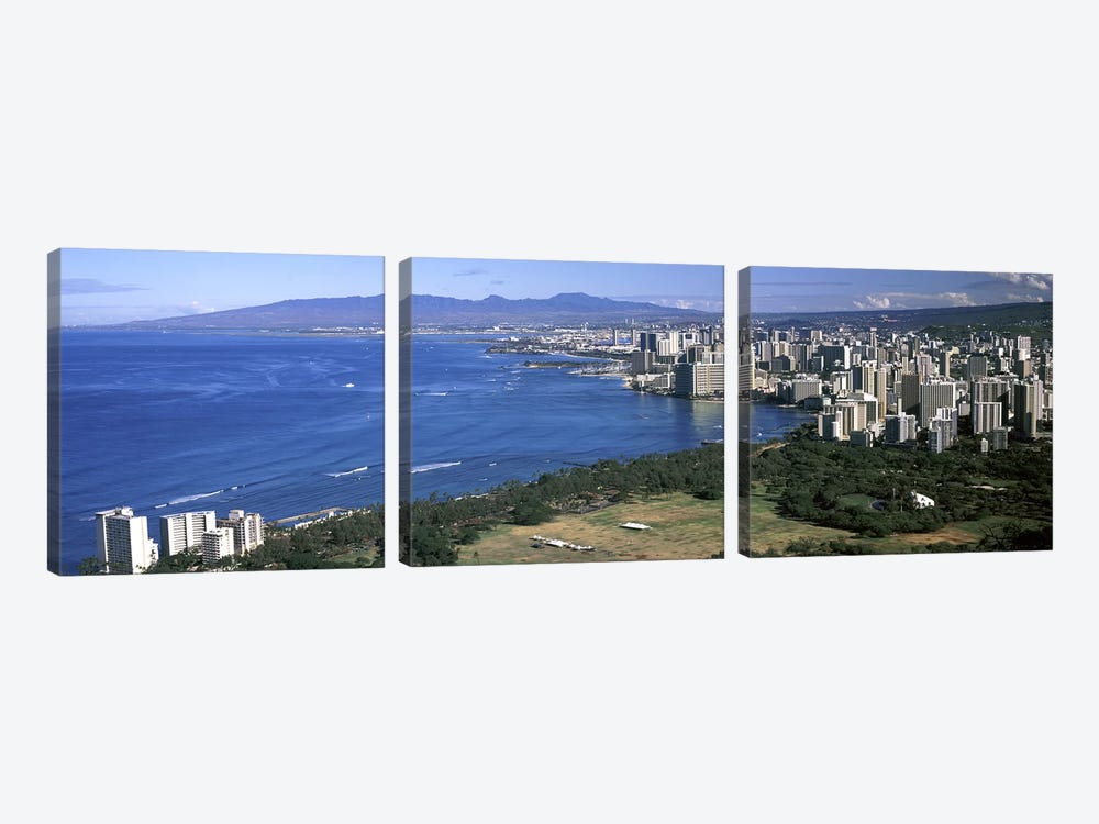 High angle view of a city at waterfront, Honolulu, Oahu, Honolulu County, Hawaii, USA 2010 by Panoramic Images 3-piece Canvas Art