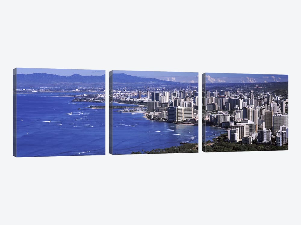 High angle view of a city at waterfront, Honolulu, Oahu, Honolulu County, Hawaii, USA 2010 #2 by Panoramic Images 3-piece Canvas Print