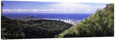Mountains with city at coast in the backgroundHonolulu, Oahu, Honolulu County, Hawaii, USA Canvas Art Print - Hawaii Art