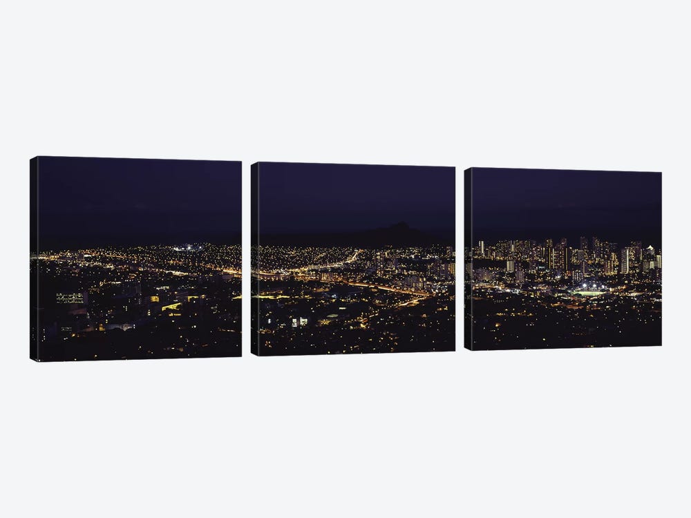 Aerial view of a city lit up at night, Honolulu, Oahu, Honolulu County, Hawaii, USA 2010 by Panoramic Images 3-piece Art Print