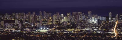 High angle view of a city lit up at night, Honolulu, Oahu, Honolulu County, Hawaii, USA 2010 by Panoramic Images framed canvas print
