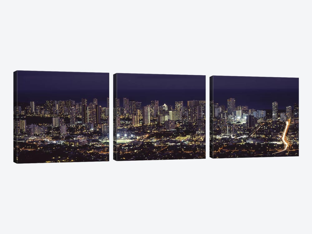 High angle view of a city lit up at night, Honolulu, Oahu, Honolulu County, Hawaii, USA 2010 by Panoramic Images 3-piece Canvas Wall Art
