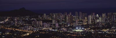 High angle view of a city lit up at night, Honolulu, Oahu, Honolulu County, Hawaii, USA by Panoramic Images framed canvas print