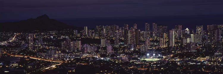 High angle view of a city lit up at night, Honolulu, Oahu, Honolulu County, Hawaii, USA