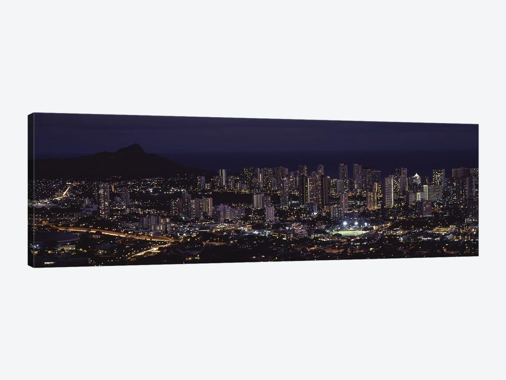 High angle view of a city lit up at night, Honolulu, Oahu, Honolulu County, Hawaii, USA by Panoramic Images 1-piece Art Print