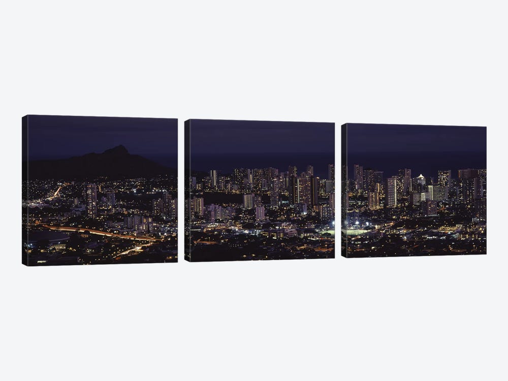 High angle view of a city lit up at night, Honolulu, Oahu, Honolulu County, Hawaii, USA by Panoramic Images 3-piece Art Print